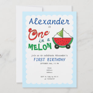 One in Melon Blue Cute Boat Pull Toy 1st Birthday Invitation