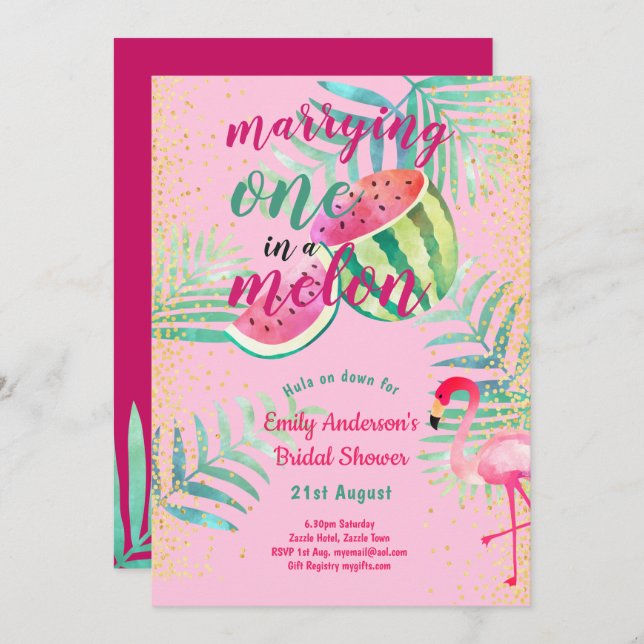 One in Melon Tropical Flamingo Watermelon Pink Grn Invitation (Front/Back)
