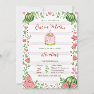 One In Melon Watercolor Pink Sweet Summer Birthday Invitation