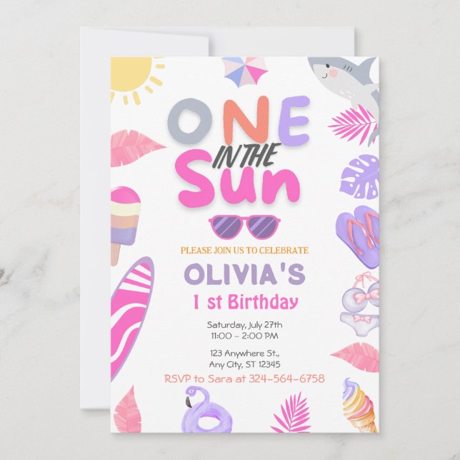 One In The Sun Pink Girl Beach 1 st Birthday Party Invitation (Front)