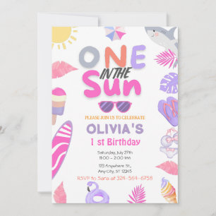 One In The Sun Pink Girl Beach 1 st Birthday Party Invitation