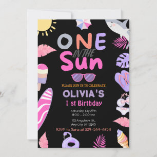 One In The Sun Pink Girl Beach 1 st Birthday Party Invitation