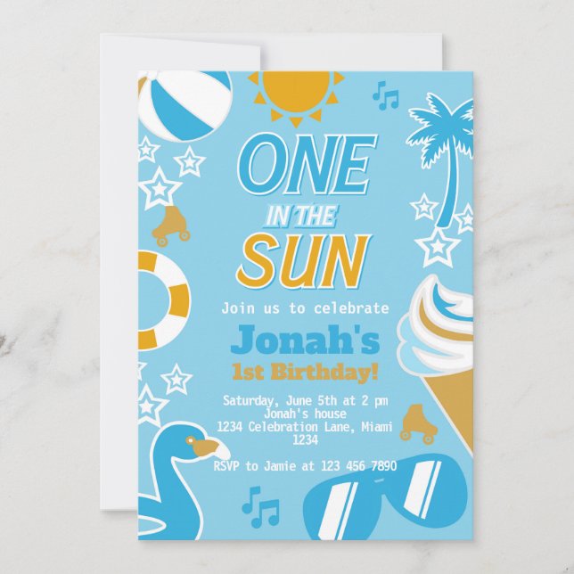 One in the Sun Pool Party Birthday Boy summer Invitation (Front)