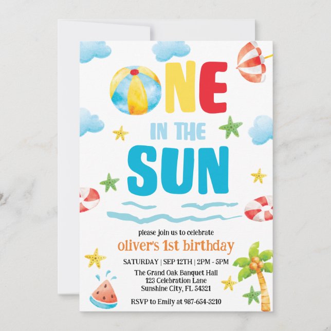 One in the Sun,Pool Party First Summer Birthday Invitation (Front)