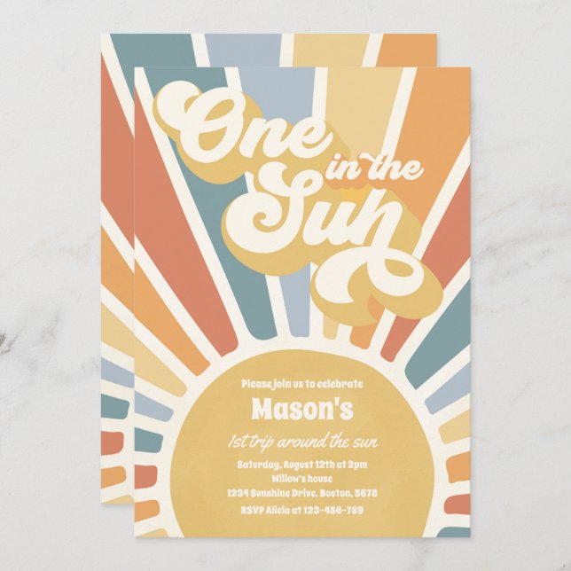 One In The Sun Retro Sunshine 1st Birthday Party Invitation (Front/Back)