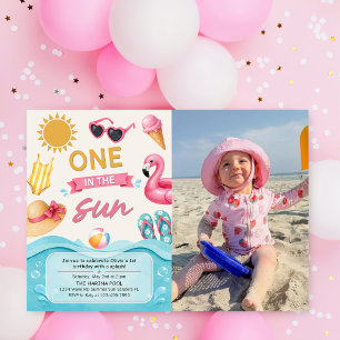 One In The Sun Summer Pool Birthday Party Photo Invitation