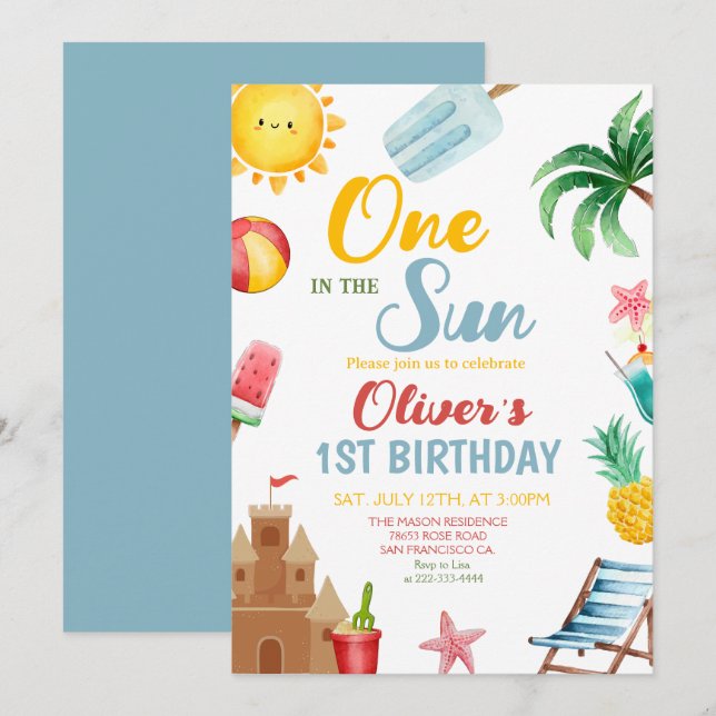 One In The Sun Tropical Beach 1st Birthday Party Invitation (Front/Back)