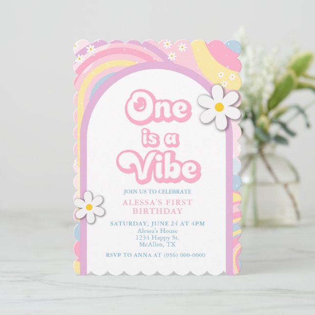 One is a Vibe Groovy, Retro Girl Pastel Colours Invitation (Standing Front)