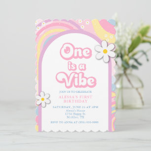 One is a Vibe Groovy, Retro Girl Pastel Colours Invitation
