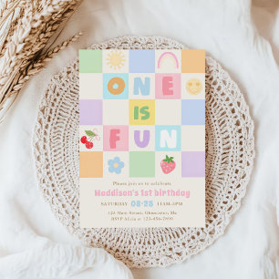 One is Fun Colourful Gingham Girl 1st Birthday Invitation