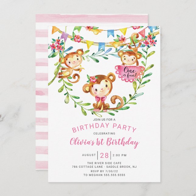 One Is Fun Monkey 1st Birthday Invitation (Front/Back)