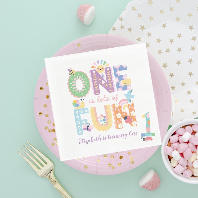 One is lots of Fun, Pastel Spring First Birthday Napkin (Creator Uploaded)