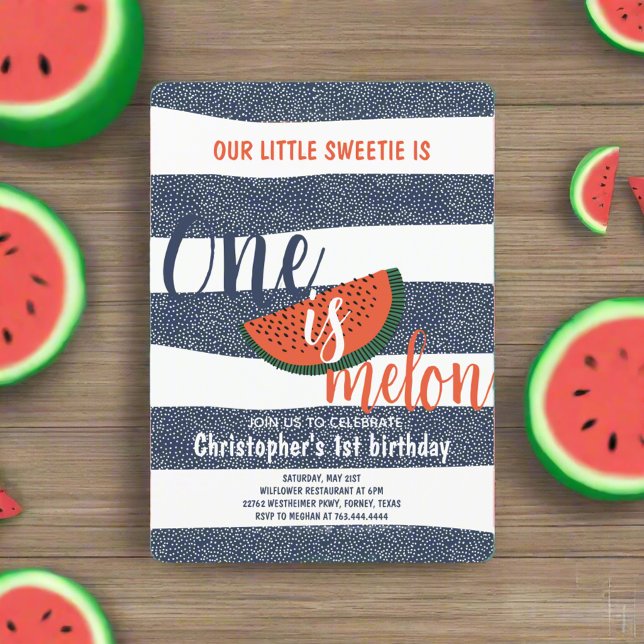 One is Melon 1st Birthday Cute Watermelon Striped Invitation (Creator Uploaded)