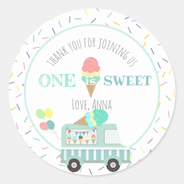 One is Sweet Ice Cream First Birthday Favour Classic Round Sticker (Front)