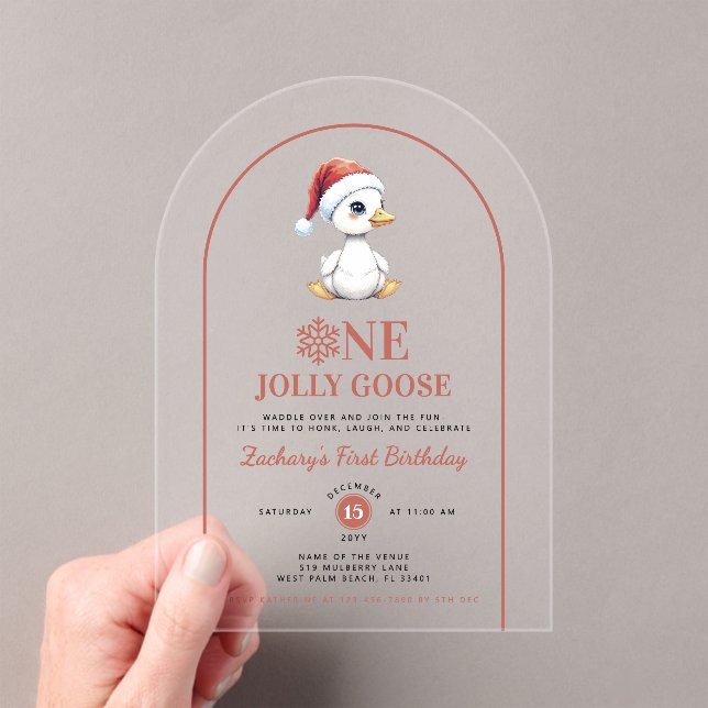 One Jolly Goose Modern Christmas First Birthday Acrylic Invitations (Insitu (Handheld))