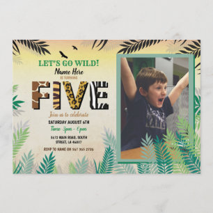 One Jungle 5th Birthday Party 5 Safari ZOO Photo Invitation