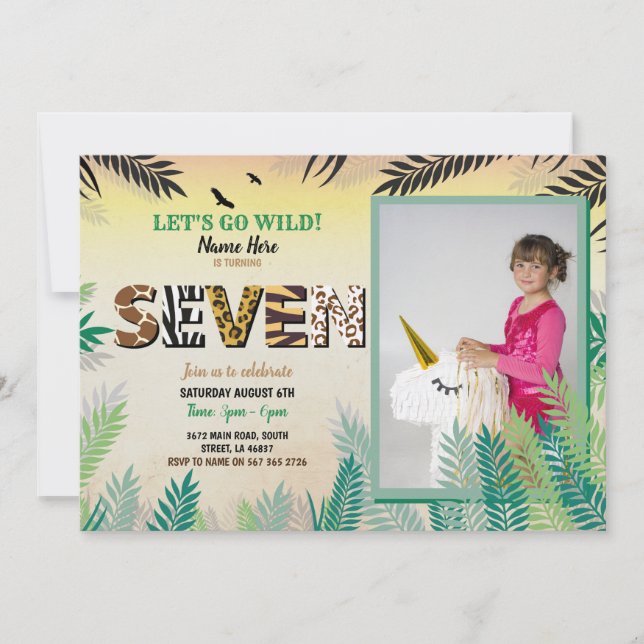 One Jungle 7th Birthday Party 7 Safari ZOO Photo Invitation (Front)