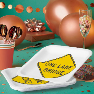 One Lane Bridge Road Sign Yellow Paper Plate