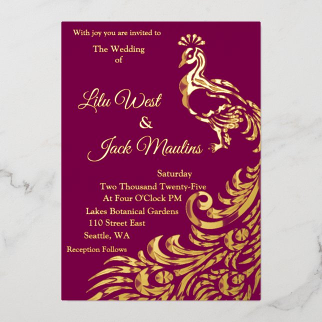 One Large Peacock Wedding Foil Invitation (Front)