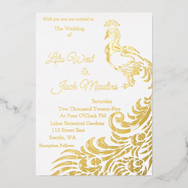One Large Peacock Wedding Foil Invitation (Front)