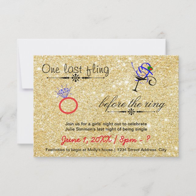 One Last Fling / Gold -3x5 Bachelorette Invitation (Front)