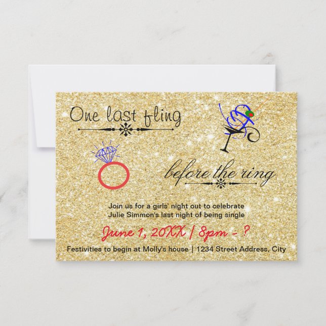 One Last Fling / Gold - 3x5Bachelorette Invitation (Front)