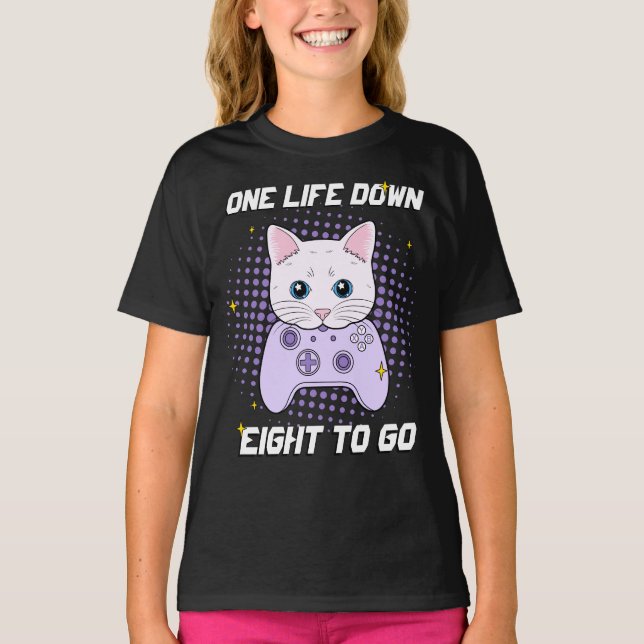 One Life Down Gamer White Purple Cartoon Cat T-Shirt (Front)