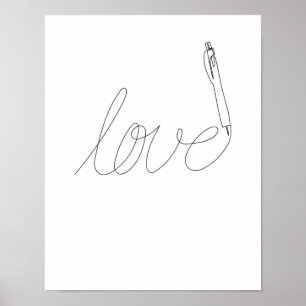 One Line Art Love drawn with pencil Poster
