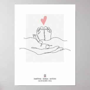 One Line Baby Feet Birth Stats Nursery Art Poster
