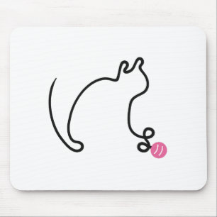 One Line Cat Playing with Pink Yarn Ball Mouse Mat