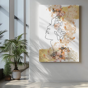 One line face art with peach flower stains gold canvas print