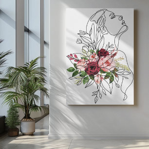 One line girl art with flowers in pink maroon canvas print