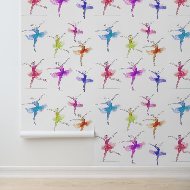 One line stroke colourful dancing balerina pattern wallpaper (Application)