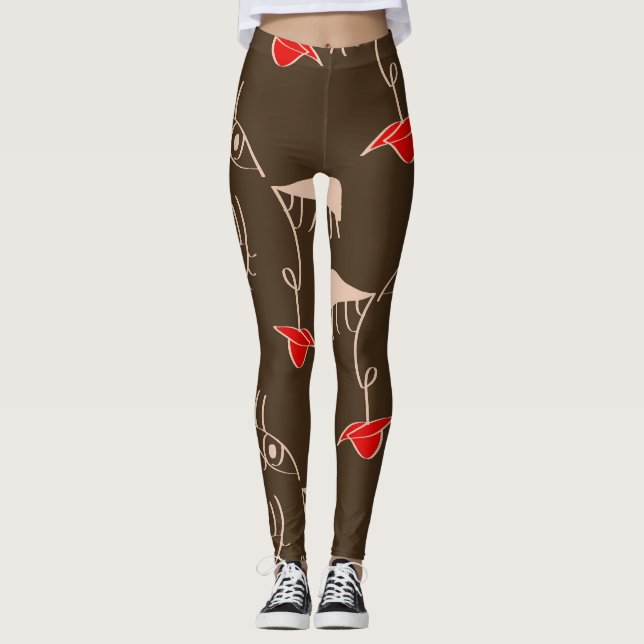 One-line woman face: abstract pattern. leggings (Front)