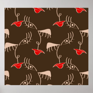 One-line woman face: abstract pattern. poster