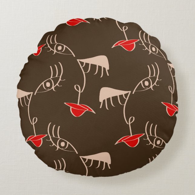 One-line woman face: abstract pattern. round cushion (Front)