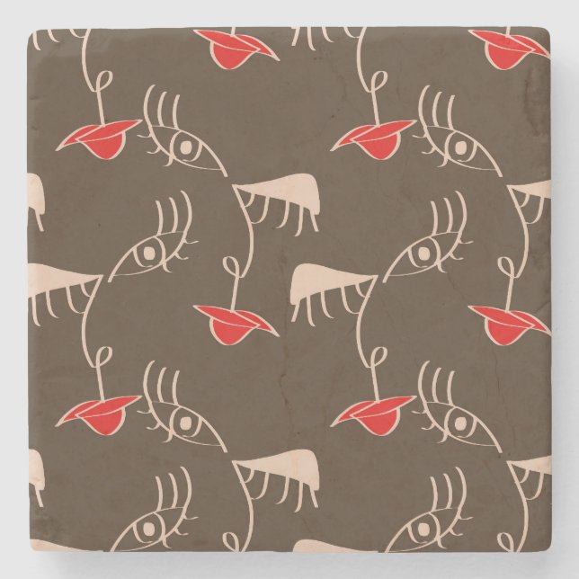 One-line woman face: abstract pattern. stone coaster (Front)