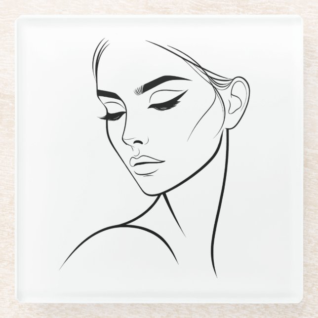 One Line Woman Face Drawing No3  Glass Coaster (Front)