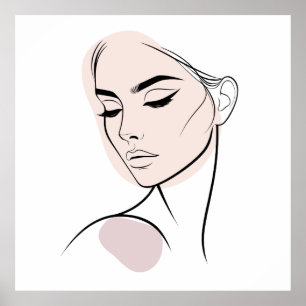 One Line Woman Face Drawing No3 (With Colour) Poster