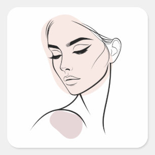 One Line Woman Face Drawing No3 (With Colour) Square Sticker