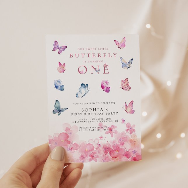 One Little Butterfly Pink Floral 1st Birthday Invitation (Creator Uploaded)