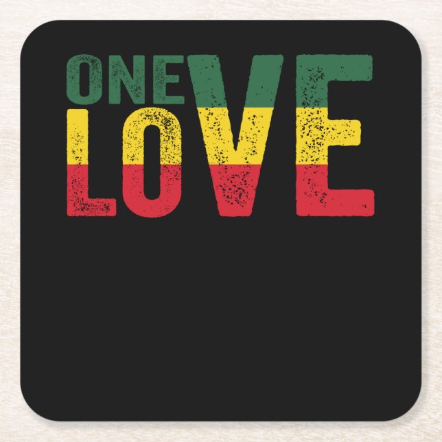 One Love Jamaican Rasta Reggae Square Paper Coaster (Front)
