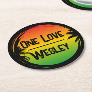 One Love Jamaican Rasta Tropical Palms Round Paper Coaster