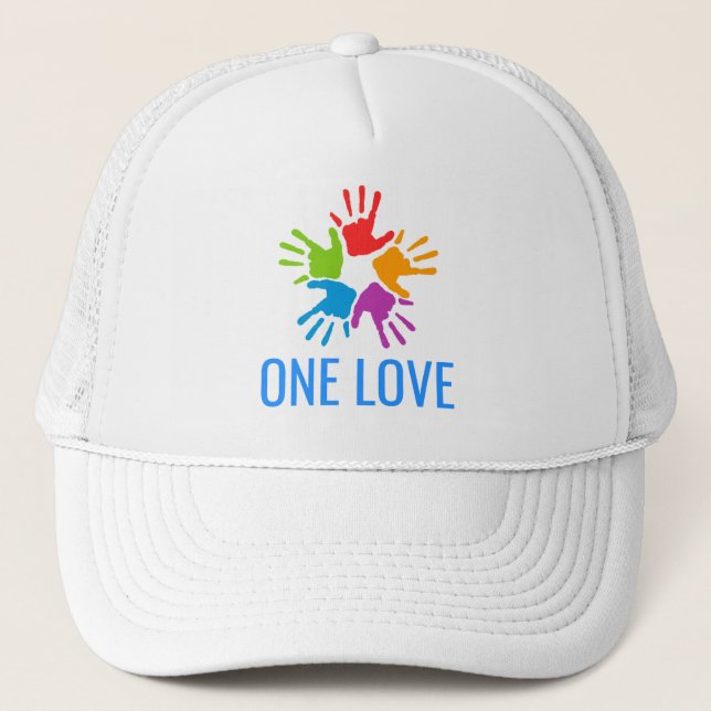 One Love Rainbow Hands Trucker Hat (Front)