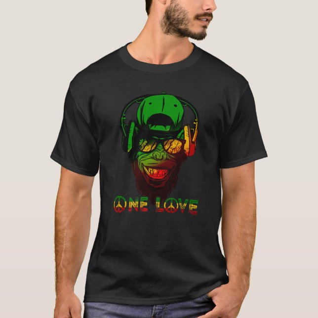 One Love Rasta Reggae Monkey Hippie Rastafarian Go T-Shirt (Front)
