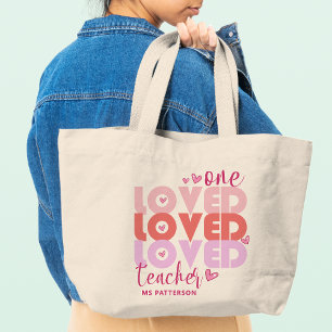 One Love Teacher Pink Modern Personalised Name Large Tote Bag