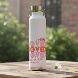One Love Teacher Pink Modern Personalised Name Water Bottle