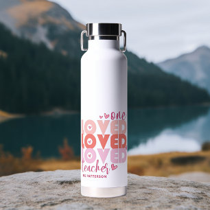 One Love Teacher Pink Modern Personalised Name Water Bottle