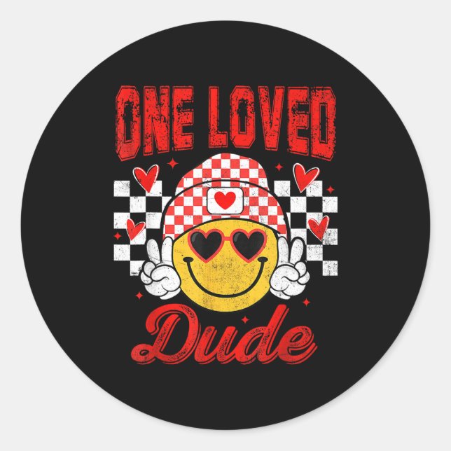 One Loved Dude Checkered Heart Valentines Day Boys Classic Round Sticker (Front)