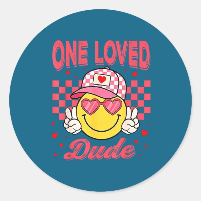 One Loved Dude Checkered Heart Valentines Day Boys Classic Round Sticker (Front)
